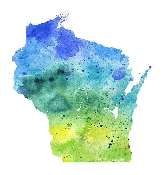 Map of Wisconsin with Watercolor Texture - Raster Illustration A highly detailed map of the US state of Wisconsin with a multicoloured, blue and green hand painted watercolor texture. Map is isolated on a white background. Raster illustration. bayfield county stock illustrations