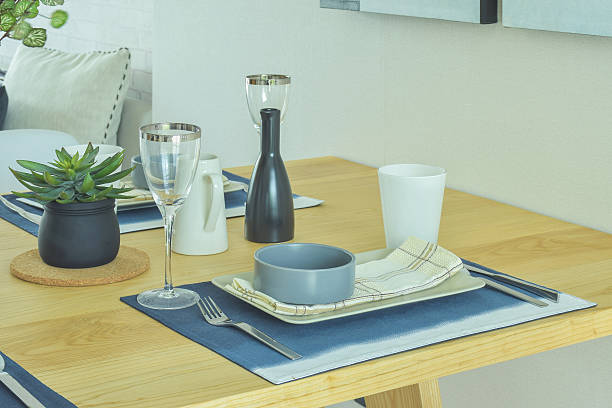 istock Dining set with pottery style on wooden dining table 610412776