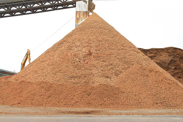istock pyramid of wood chip in storage yard. 610412866