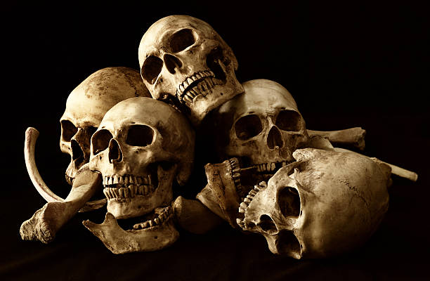 istock Awesome pile of skull and bone on brown cloth background 610417460