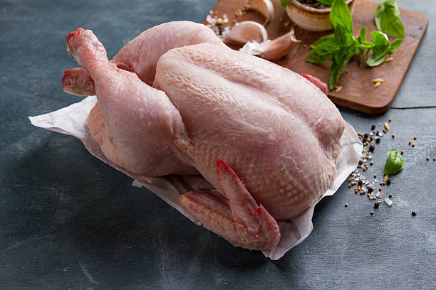 istock Fresh chicken with spices on vintage background 610419348
