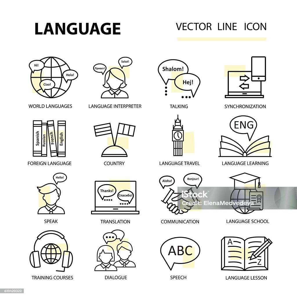 Définissez des icônes sur le thème de l’apprentissage d’une langue étrangère. - clipart vectoriel de Icône libre de droits