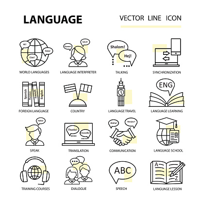 Set of modern linear icons on the topic of learning a foreign language. Vector logos for schools, colleges and universities.