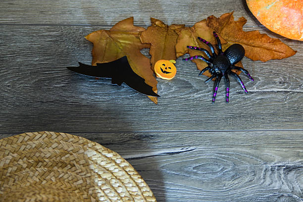 istock Halloween pumpkin head jack lantern on wooden background 610420554
