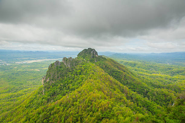 istock Green forest mountain landscape with cloudy raining storm season. 610422526