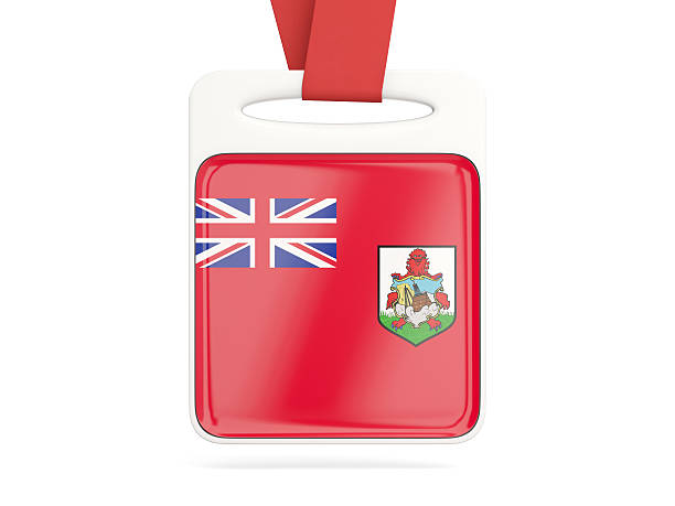 Flag of bermuda, square card with red ribbon. 3D illustration