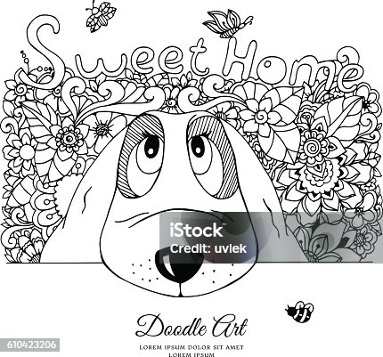 istock Vector illustration , dog and flowers Doodle drawing. Meditative exercise. Coloring 610423206