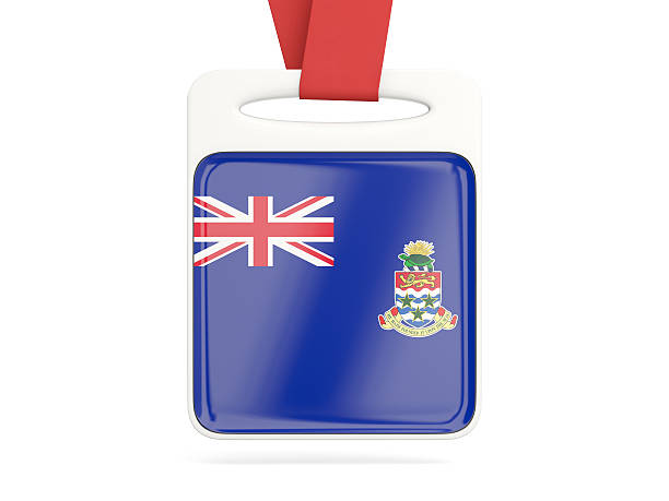Flag of cayman islands, square card with red ribbon. 3D illustration