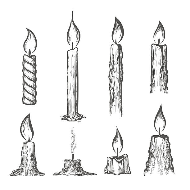 Candle hand drawn set Candle hand drawn set. Vector burning candles sketch on white candle wax stock illustrations