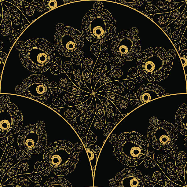 ilustrações de stock, clip art, desenhos animados e ícones de art deco pattern vector with peacock feathers fan - gold golden part of black