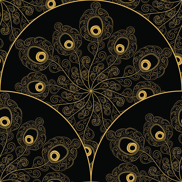 Art deco pattern vector with peacock feathers fan Art deco pattern vector seamless with peacock feathers fan. Gold black scale ornament. Oriental background for card, fabric, web design, wrapping paper, wedding invitation, flyer and banner. peacock feather drawing stock illustrations