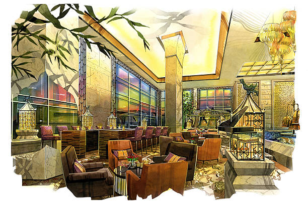 istock sketch interior lobby lounge into a watercolor on paper. 610425408