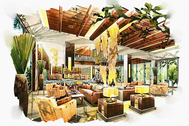 istock sketch interior lobby lounge into a watercolor on paper. 610425718