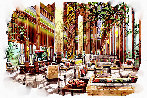 istock sketch interior lobby lounge into a watercolor on paper. 610425986