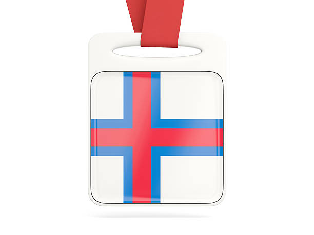 Flag of faroe islands, square card with red ribbon. 3D illustration