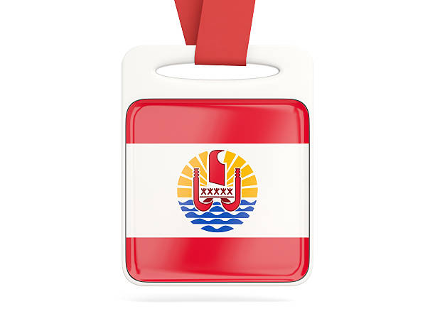 Flag of french polynesia, square card with red ribbon. 3D illustration