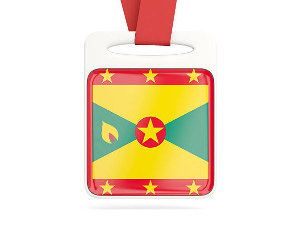 Flag of grenada, square card with red ribbon. 3D illustration