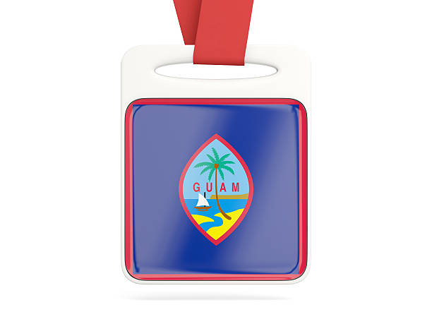 Flag of guam, square card with red ribbon. 3D illustration