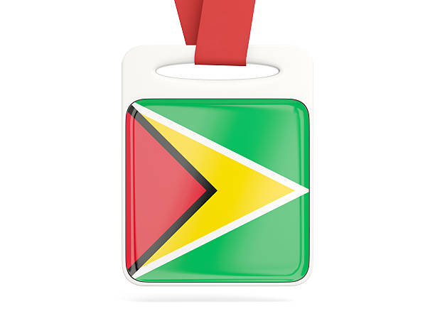 Flag of guyana, square card with red ribbon. 3D illustration