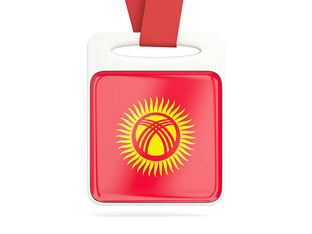 Flag of kyrgyzstan, square card with red ribbon. 3D illustration