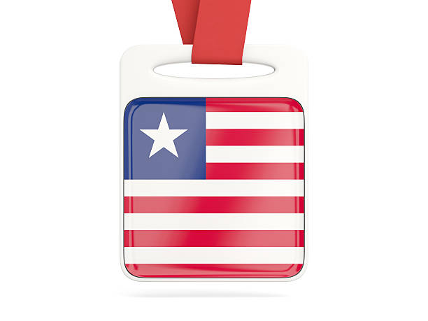 Flag of liberia, square card with red ribbon. 3D illustration