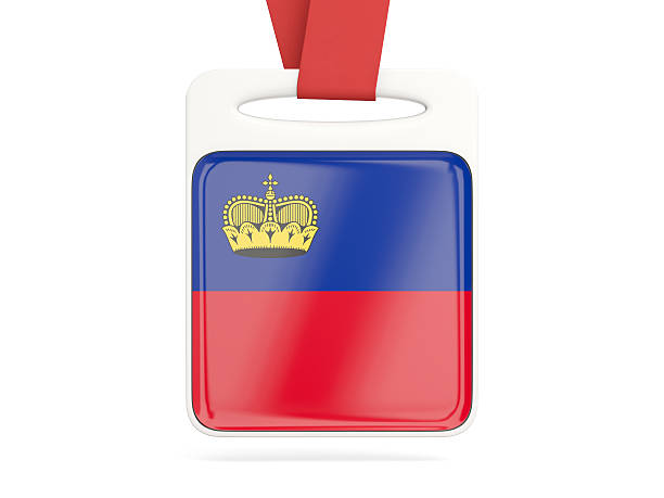 Flag of liechtenstein, square card with red ribbon. 3D illustration