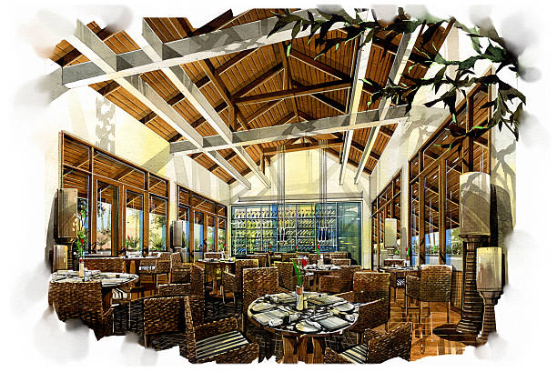 istock sketch perspective interior restaurant into a watercolor on paper. 610429994