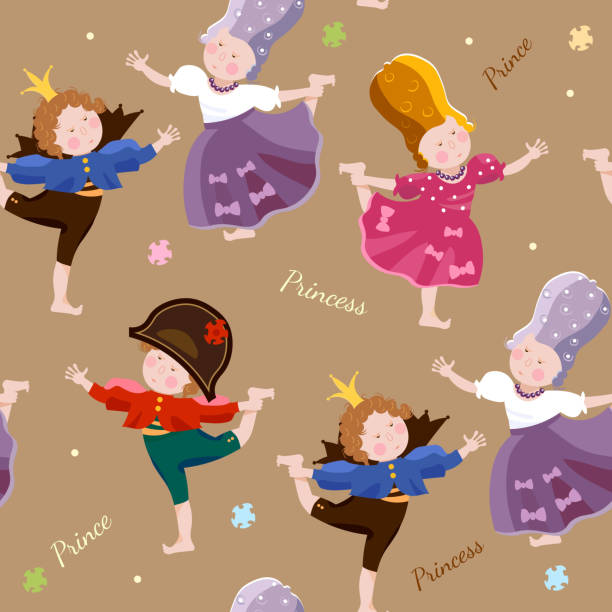 Prince and princess seamless pattern Prince and princess seamless pattern funny kids playing vector laurel wreath with musical instrument stock illustrations