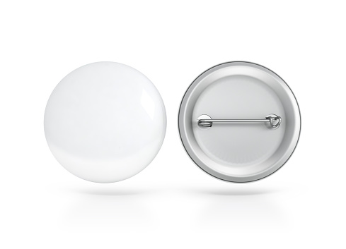 Blank white button badge mockup, front and back side, clipping path, 3d rendering. Empty clear pin emblem mock up. Round plastic volunteer label. Vote sign design template. Campaigning badges display.