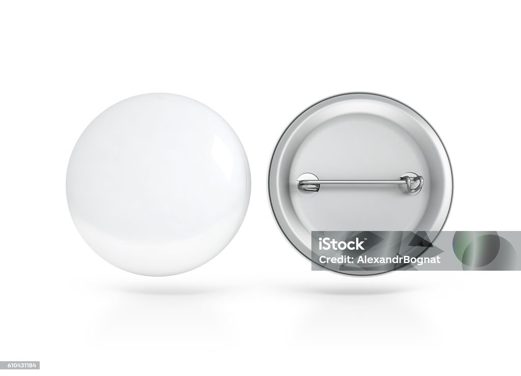 Blank white button badge mockup, front and back side, clipping Blank white button badge mockup, front and back side, clipping path, 3d rendering. Empty clear pin emblem mock up. Round plastic volunteer label. Vote sign design template. Campaigning badges display. Badge Stock Photo
