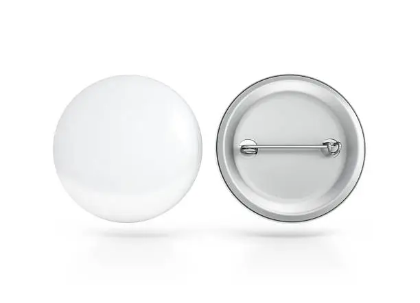 Photo of Blank white button badge mockup, front and back side, clipping