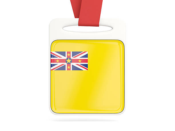 Flag of niue, square card with red ribbon. 3D illustration