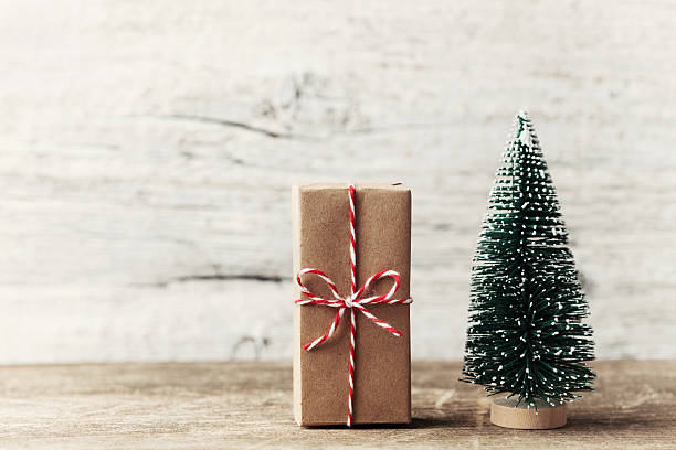 Gift box wrapped kraft paper and little decorative fir tree.