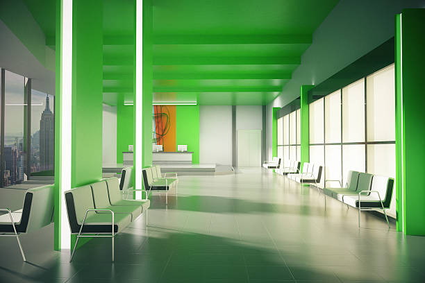 istock Green office lobby with NY view 610432694