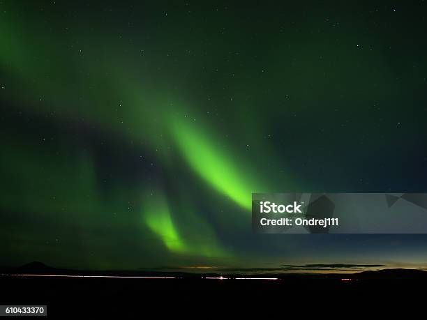 Northern Lights In Reykjahlíð Stock Photo - Download Image Now - Aurora Borealis, Europe, Horizontal