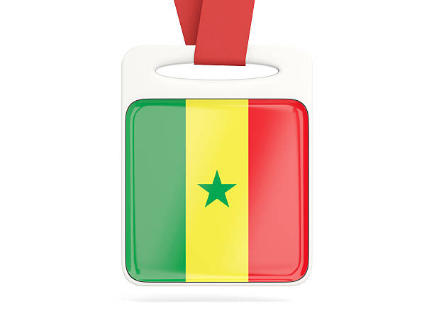Flag of senegal, square card with red ribbon. 3D illustration