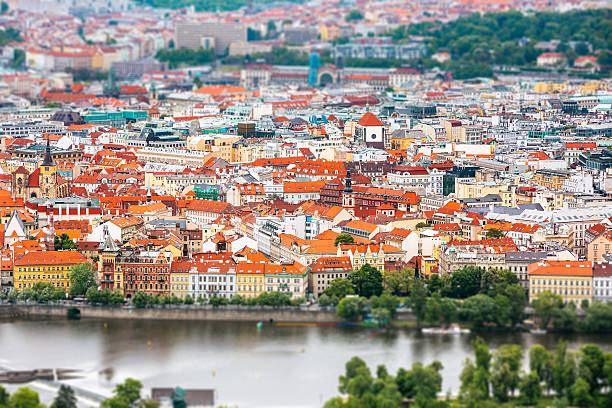Prague panorama - city centre. Tilt-shift effect