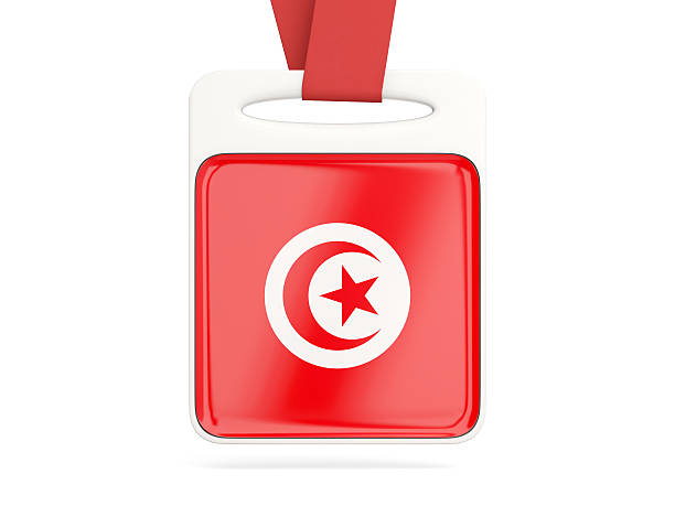 Flag of tunisia, square card with red ribbon. 3D illustration
