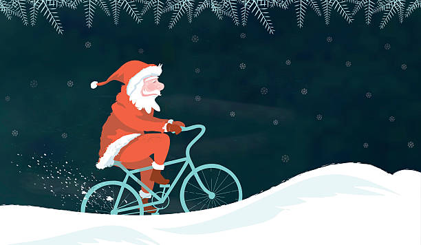 illustrations, cliparts, dessins animés et icônes de illustration du père noël sur vélo dans le paysage d’hiver au tableau noir - père noel à vélo