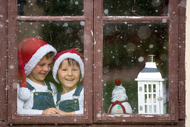 istock Two cute boys, brothers, looking through a window 610437846