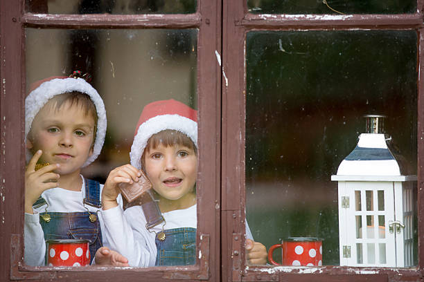 istock Two cute boys, brothers, looking through a window 610437902