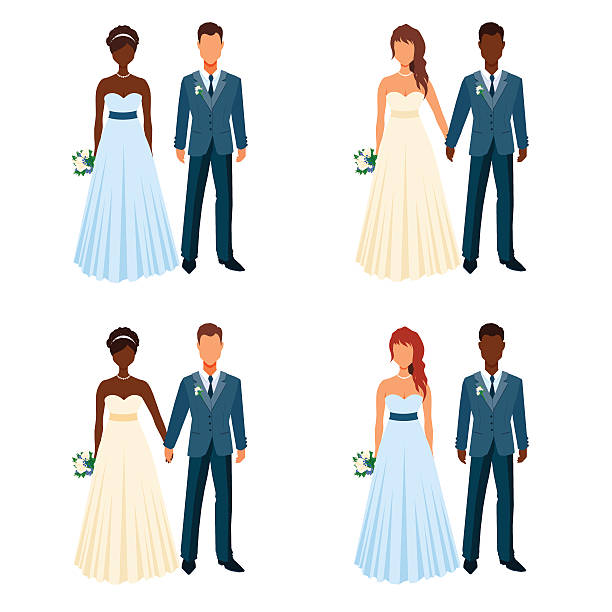 Bride and fiancee holding hands. Wedding elegant couples set. Mixed-race couples getting married. Prom girl and boy with bouquet and buttonhole. prom fashion stock illustrations