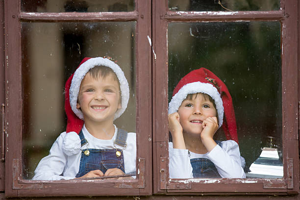 istock Two cute boys, brothers, looking through a window 610437984