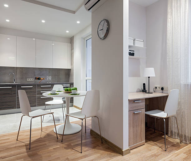 istock Interior of modern apartment in scandinavian style with kitchen 610439034