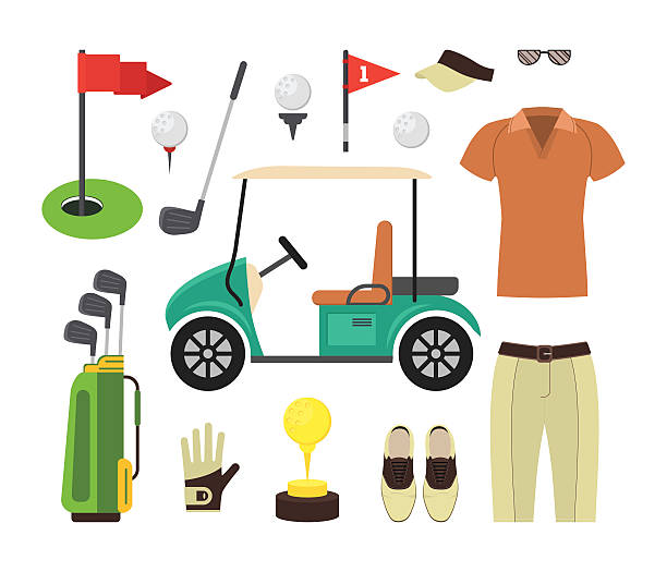 illustrations, cliparts, dessins animés et icônes de ensemble d’équipements de golf. vecteur - golf cart golf bag horizontal outdoors