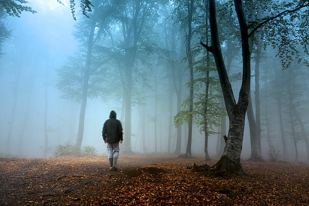 istock Dark horror man in creepy foggy forest 610440574