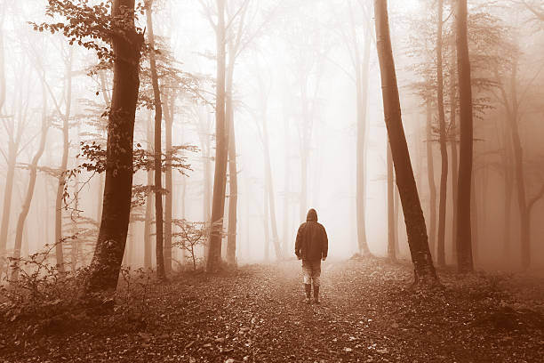 istock Dark horror man in creepy foggy forest 610440838
