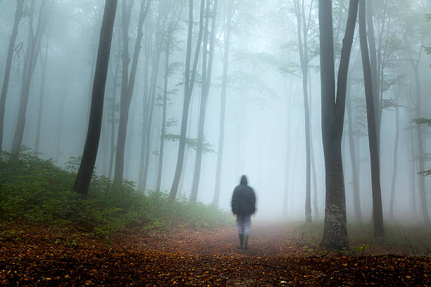 istock Dark horror man in creepy foggy forest 610441318