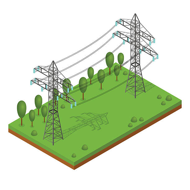 ilustraciones, imágenes clip art, dibujos animados e iconos de stock de torres de líneas eléctricas. vector - isometric power line electricity electricity pylon