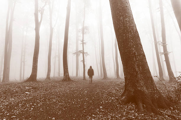 istock Dark horror man in creepy foggy forest 610442578
